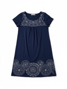 100% Cotton Navy Boho Artisan Style Midi Dress with White Embroidered Yoke & Hem